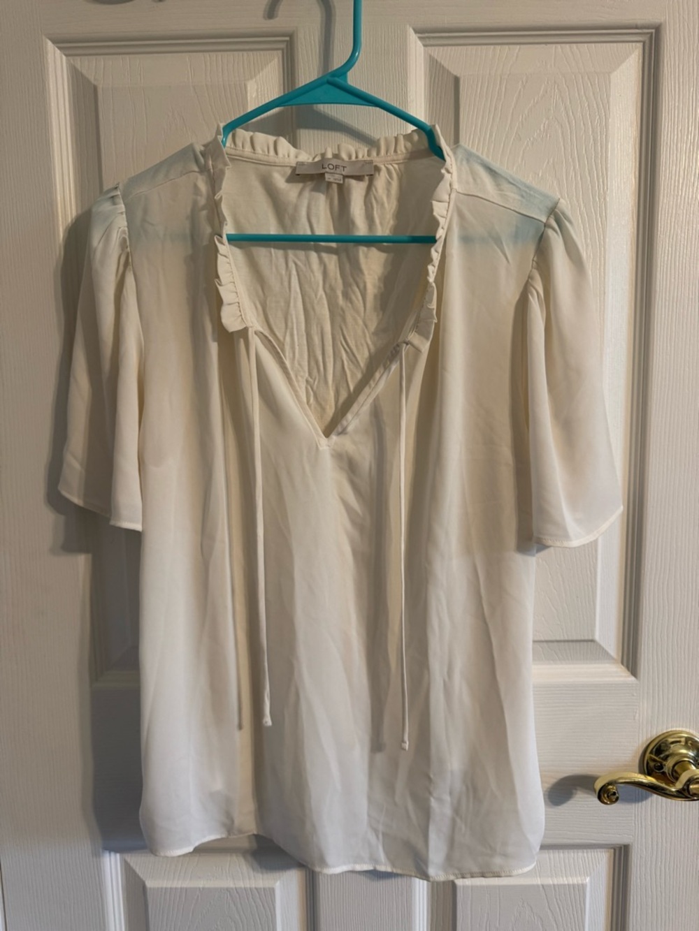 LOFT Cream Ruffle V-Neck Tie Blouse